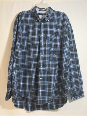 Tommy Hilfiger Men's XL Plaid Button-Down Shirt Green Blue Cotton Vintage